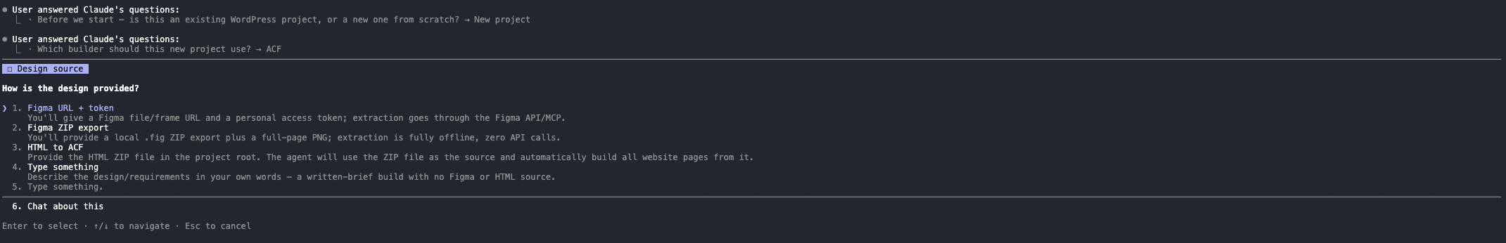 Claude Code terminal prompt asking how the design is provided, with options for Figma URL plus token, Figma ZIP export, HTML to ACF, or a written brief