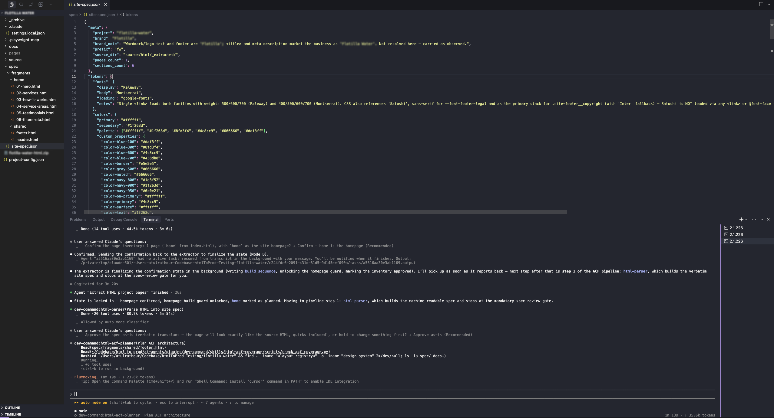 site-spec.json blueprint open in the editor showing extracted design tokens — fonts, brand colors, and CSS custom properties — alongside per-section HTML fragments