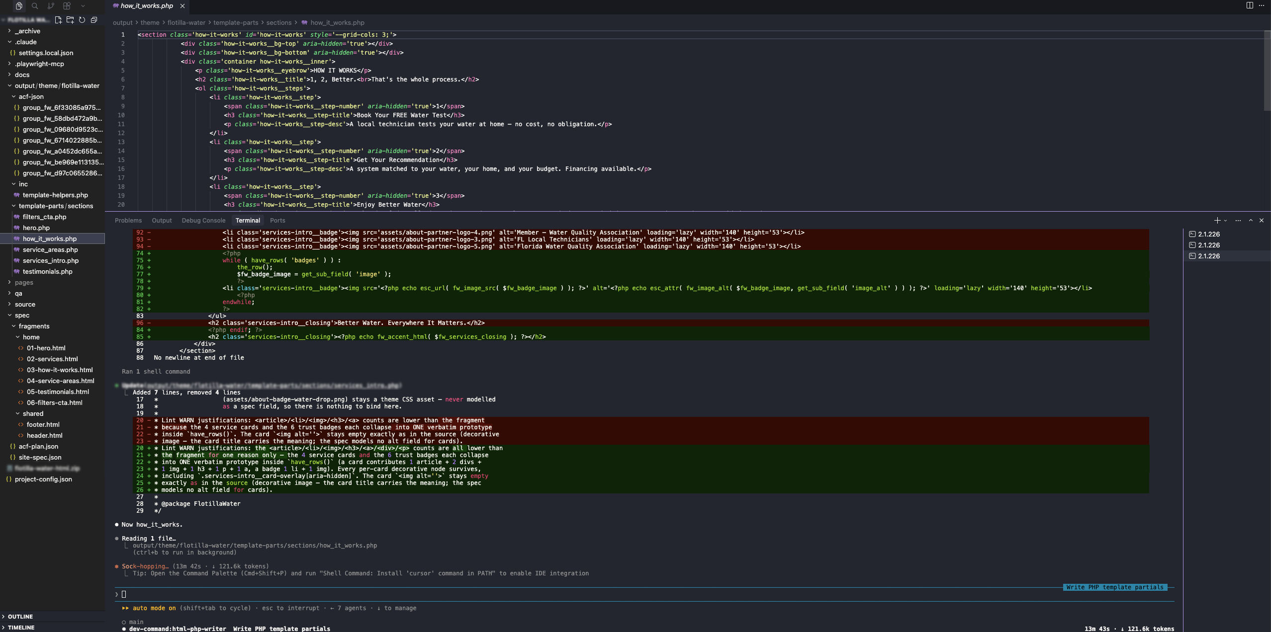 Claude Code writing PHP template partials — how_it_works.php open in the editor with a terminal diff converting static badge markup into ACF have_rows loops