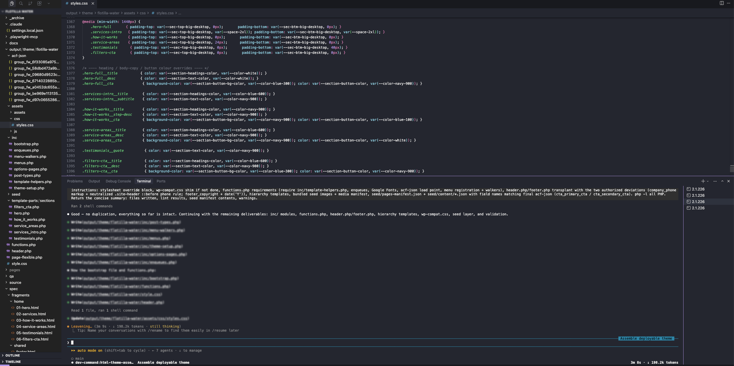 Theme assembly in progress — styles.css with per-section CSS variable overrides in the editor while the terminal writes inc/ modules, functions.php, and seed files