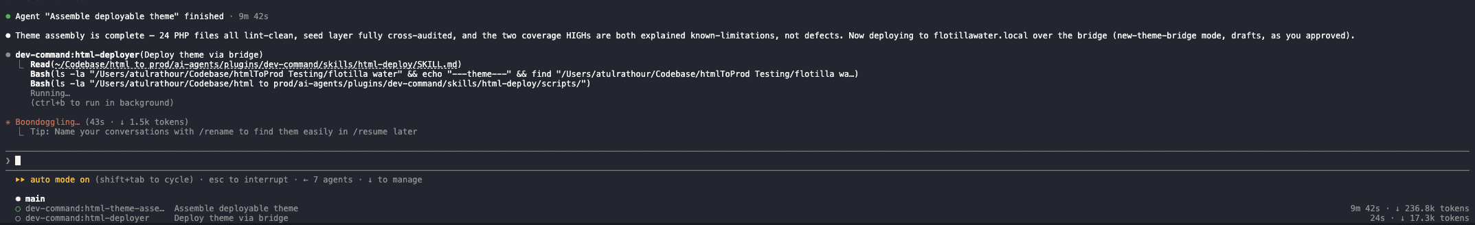 Theme assembly complete with 24 lint-clean PHP files as the html-deployer agent begins deploying the theme to the local site over the bridge in drafts mode