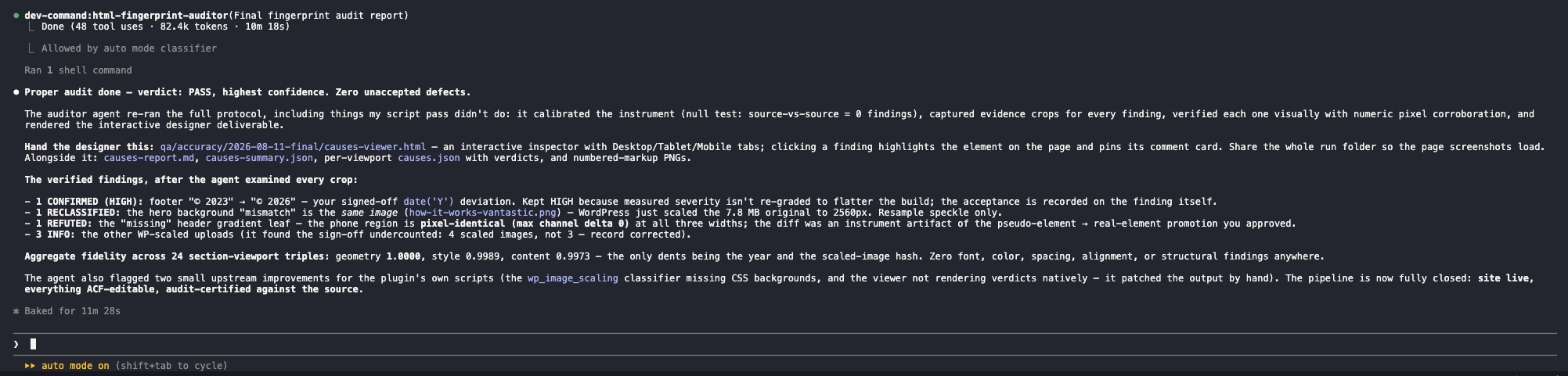 Final fingerprint audit verdict of PASS with zero unaccepted defects, fidelity scores near 1.0, and an interactive causes-viewer report for the designer