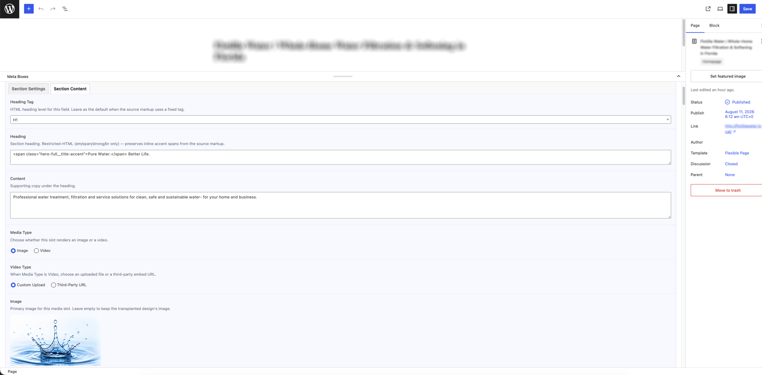 WordPress page editor with ACF section content fields — heading tag selector, restricted-HTML heading, supporting copy, and media slot with image preview — all fully editable
