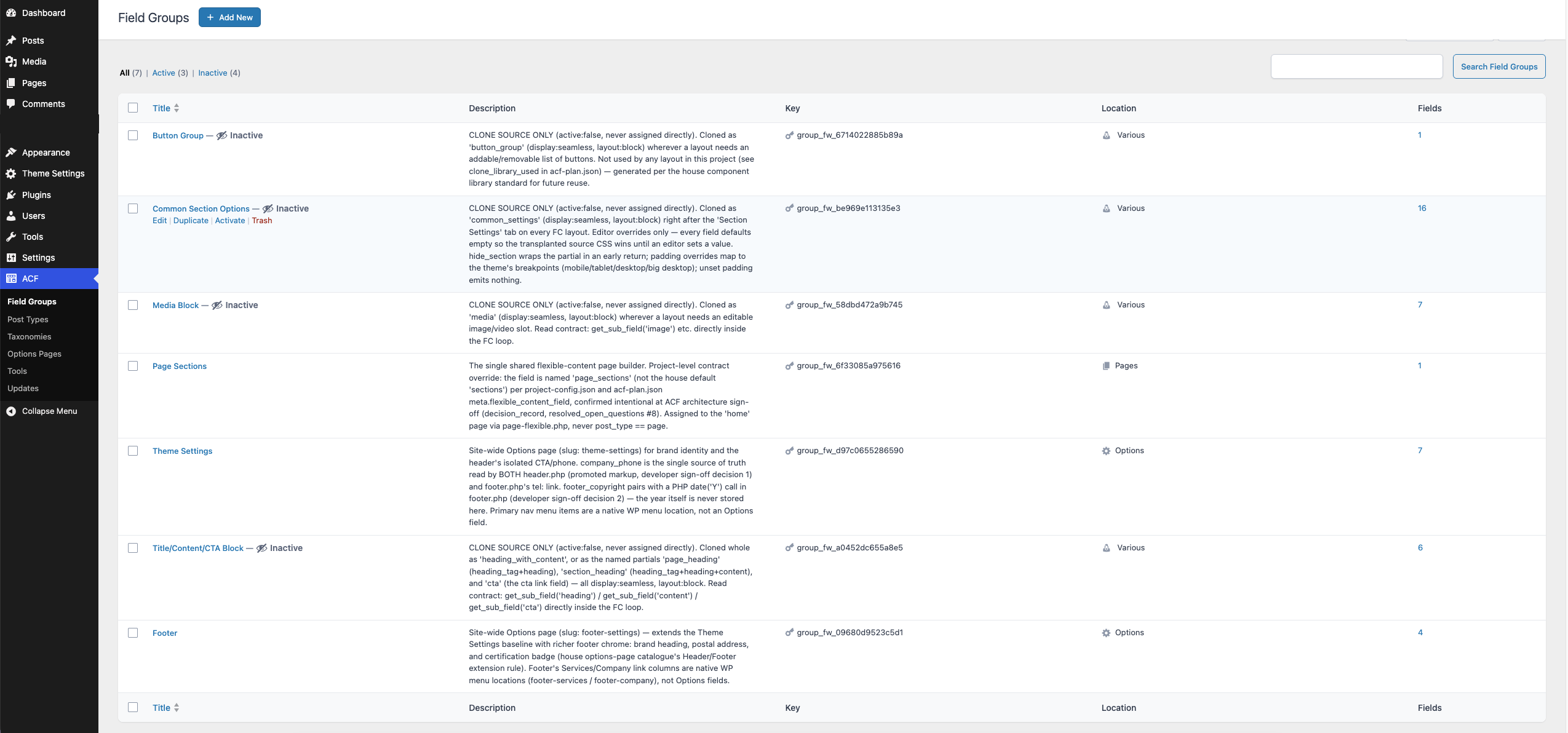 ACF Field Groups admin screen listing seven generated groups, including clone-source-only components, the Page Sections flexible builder, and site-wide Theme Settings options