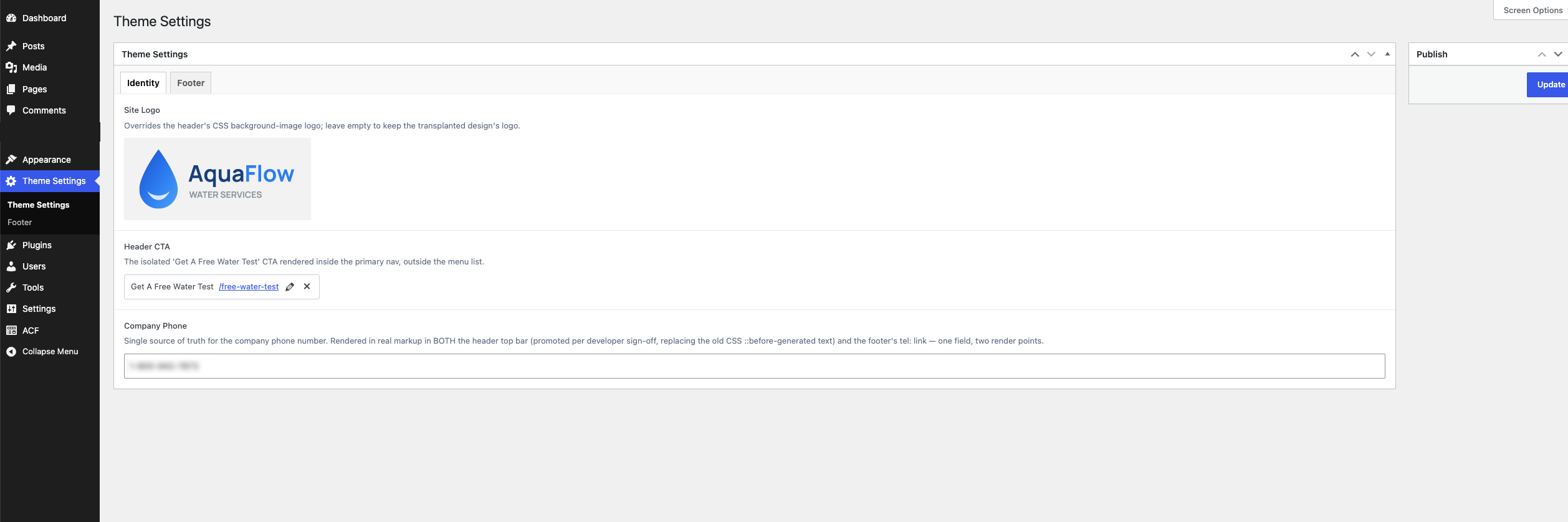 Theme Settings options page in WordPress with editable site logo, header CTA link, and a company phone field serving as the single source of truth for header and footer