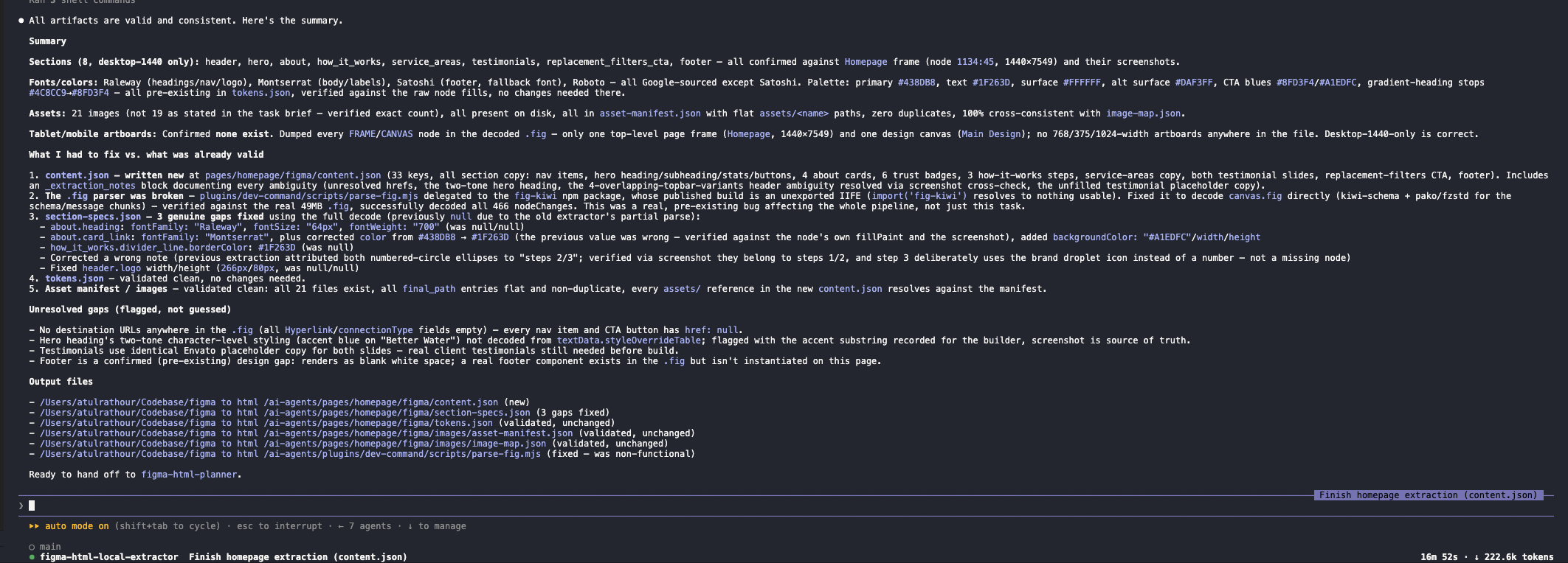 Figma extraction summary confirming 8 sections, fonts, colors, and 21 assets, listing genuine gaps fixed in section specs and flagging unresolved design gaps like the blank footer