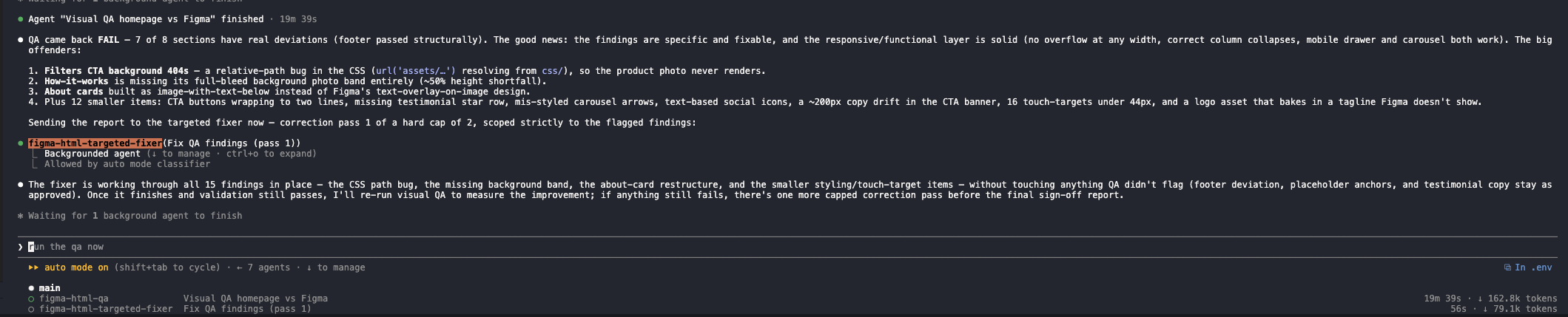 Visual QA pass against Figma returning a FAIL with 7 of 8 sections flagged, then dispatching a targeted fixer agent for correction pass 1 of a hard cap of 2