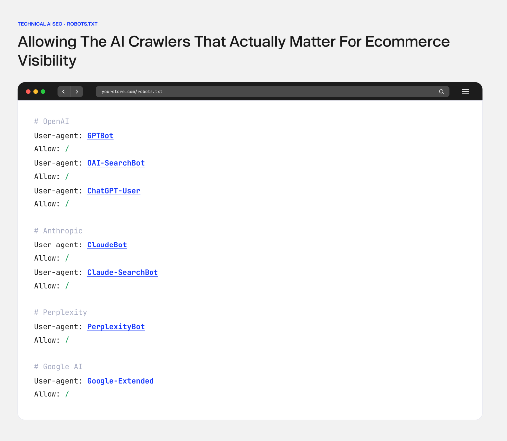 Robots.txt file showing access permissions for OpenAI, Anthropic, Perplexity, and Google AI crawlers