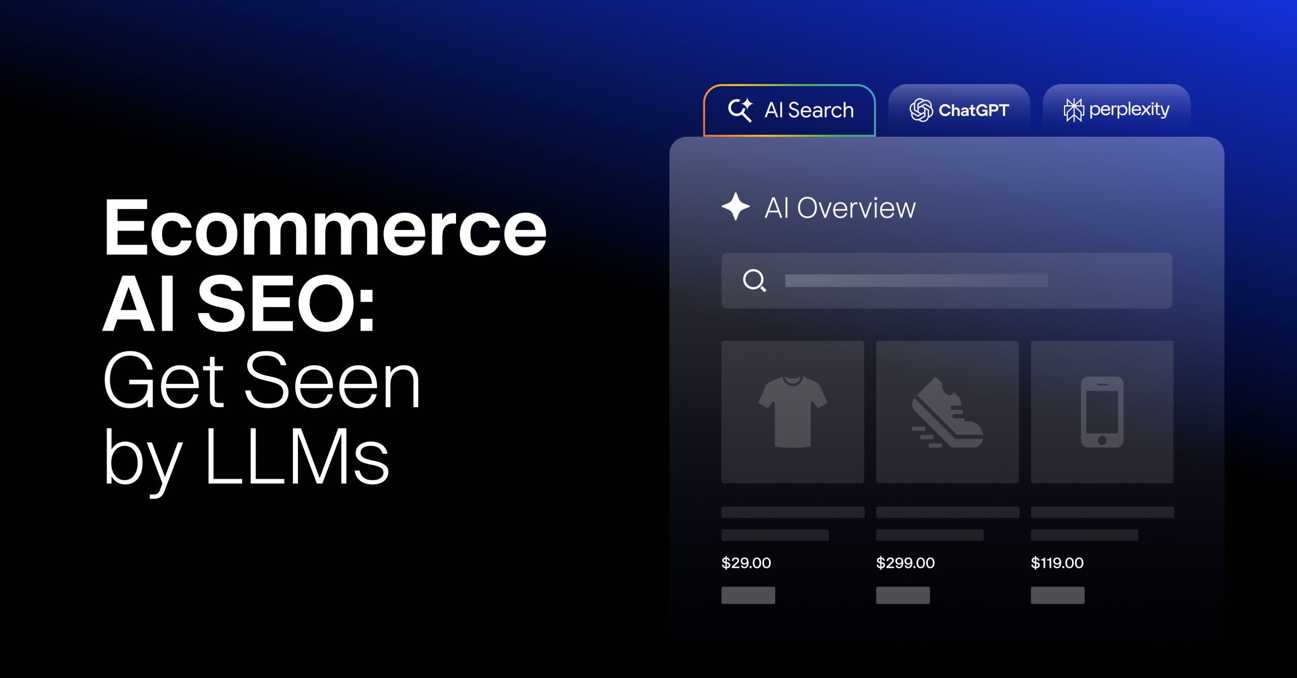 Ecommerce AI SEO graphic showing products appearing in AI search results