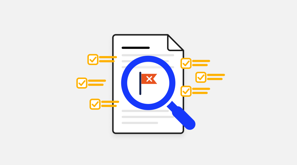 Magnifying glass reviewing a document with a red flag and checklist items, representing AI code audit and quality checks