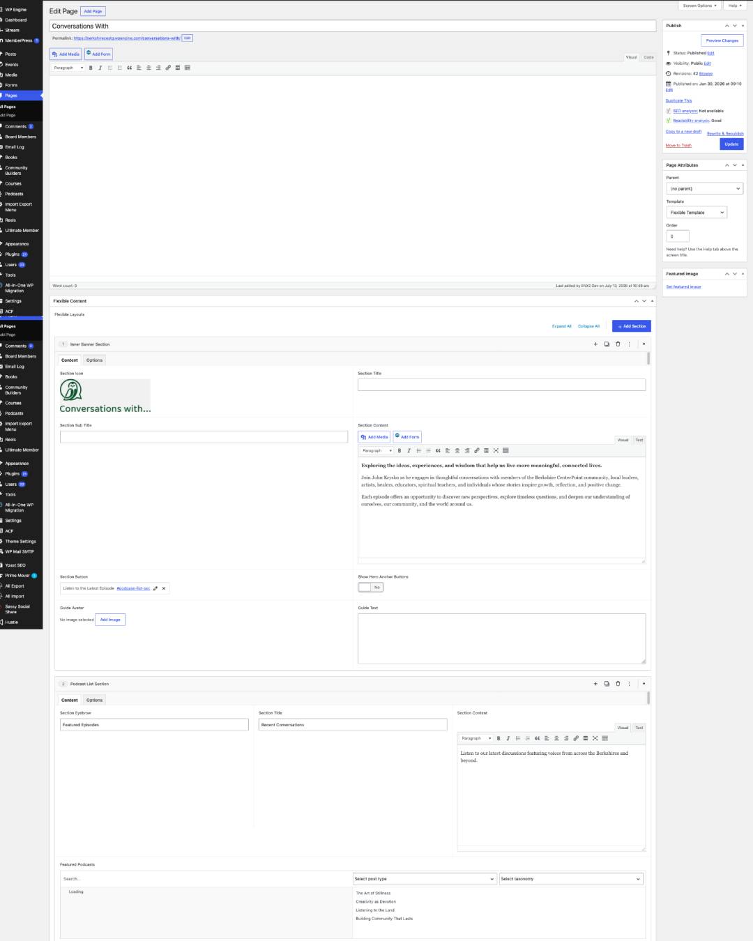 Editable WordPress backend with ACF content fields created from an AI-generated website conversion.