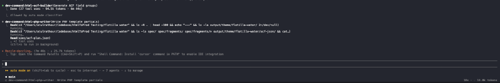 Claude Code terminal output showing the html-acf-builder agent handoff to the html-php-writer agent