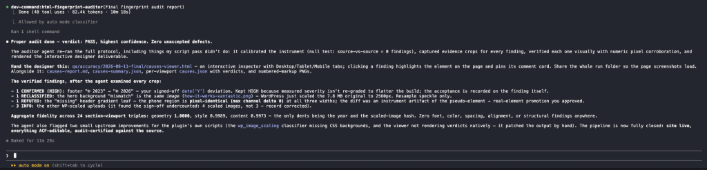 AI-to-WordPress QA verification output comparing the converted site against the original design