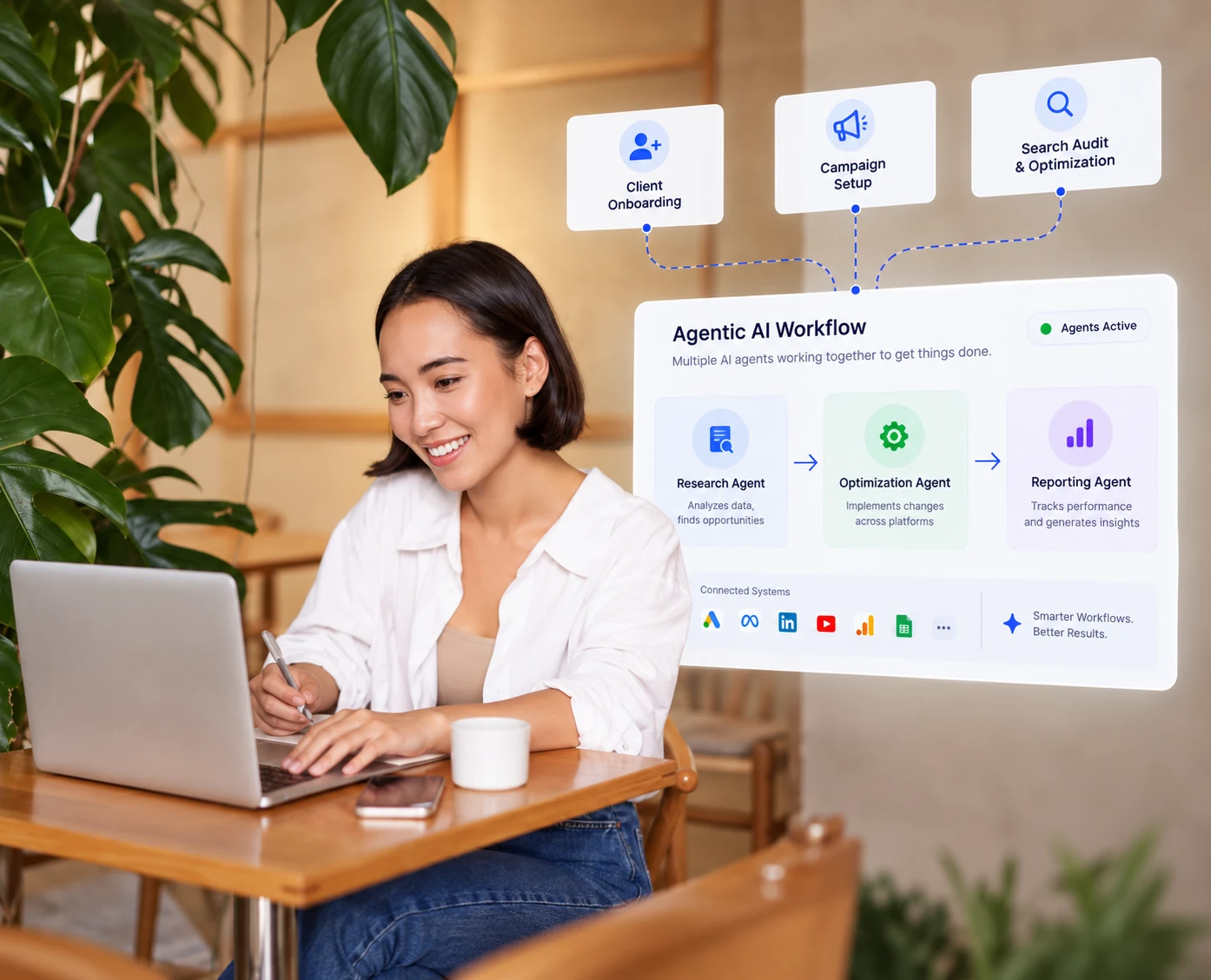 White label agentic AI workflows using multiple AI agents for research, optimization, and reporting. Smiling woman at a laptop beside an agentic AI workflow where research, optimization and reporting agents work together