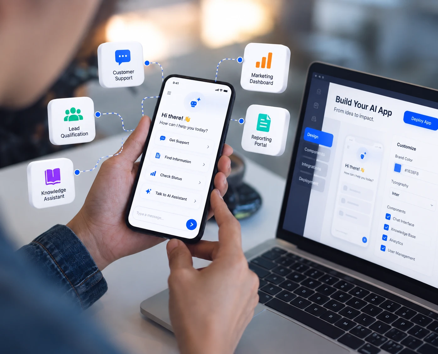 White label AI app development for custom AI-powered applications and business workflows. Hands holding a phone with an AI assistant app next to a laptop app builder for customer support and lead qualification