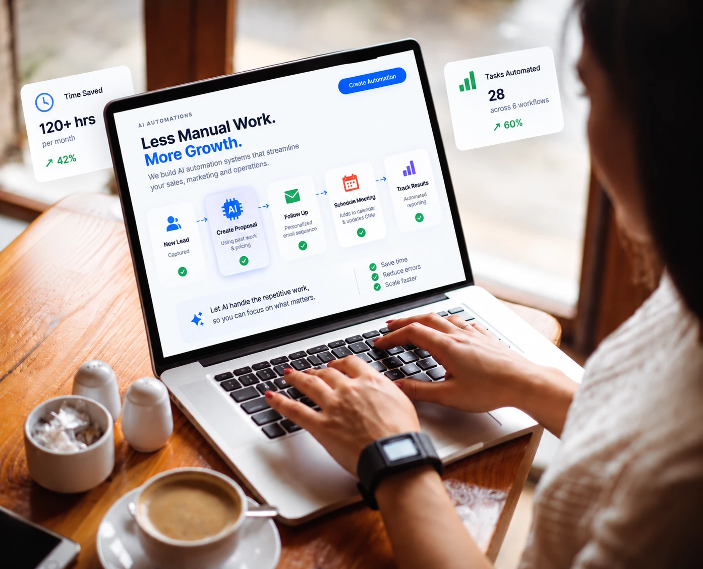 White label AI automation workflows that streamline repetitive agency tasks and operations. Woman on a laptop with an AI automation workflow that captures leads, creates proposals, follows up and tracks results for white label AI solutions