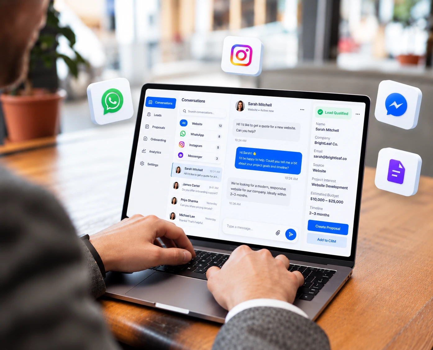 White label client-facing AI solutions for customer support, lead qualification, and communication. Laptop showing an AI chat inbox that qualifies leads from website, WhatsApp, Instagram and Messenger conversations