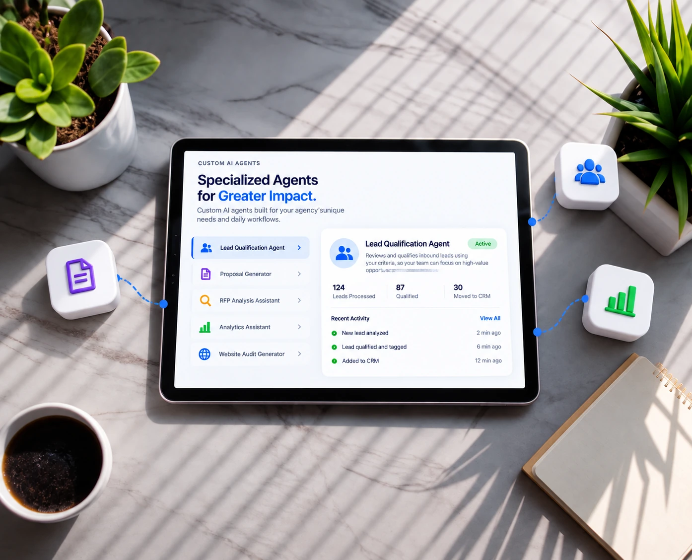 White label custom AI agents built for lead qualification, proposals, analytics, and website audits. Tablet showing custom AI agents for lead qualification, proposal generation, RFP analysis and website audits