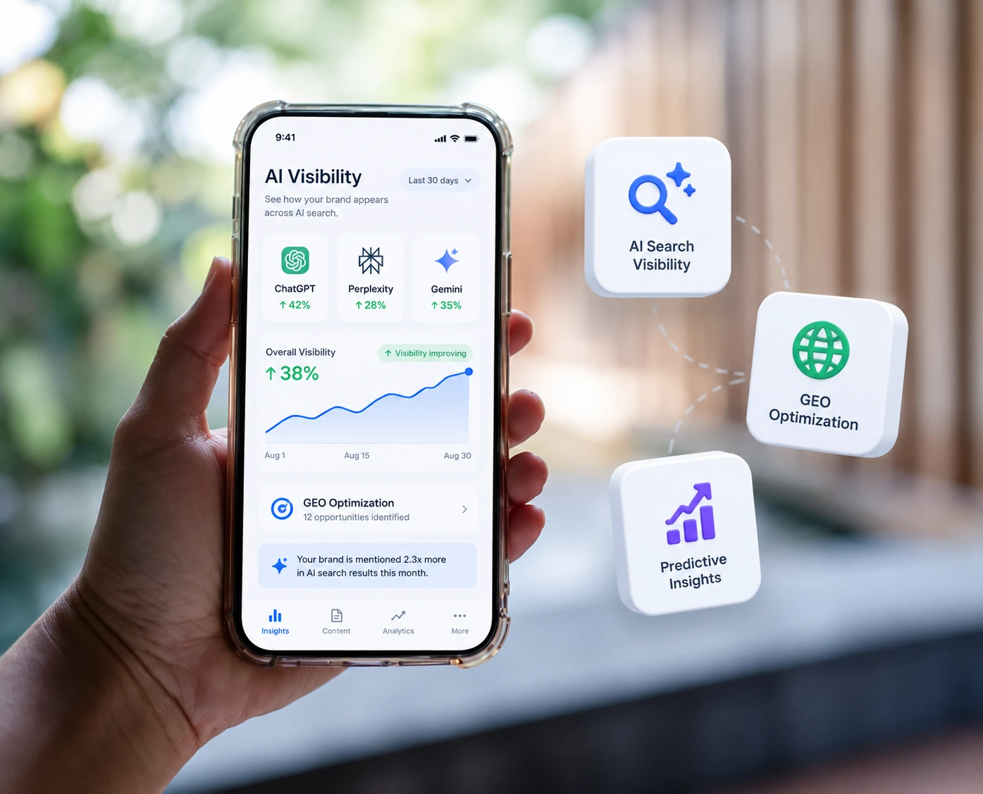 White label AI intelligence and visibility solutions for monitoring brand presence across AI search. Hand holding a phone with an AI visibility dashboard tracking brand mentions in ChatGPT, Perplexity and Gemini with GEO optimization