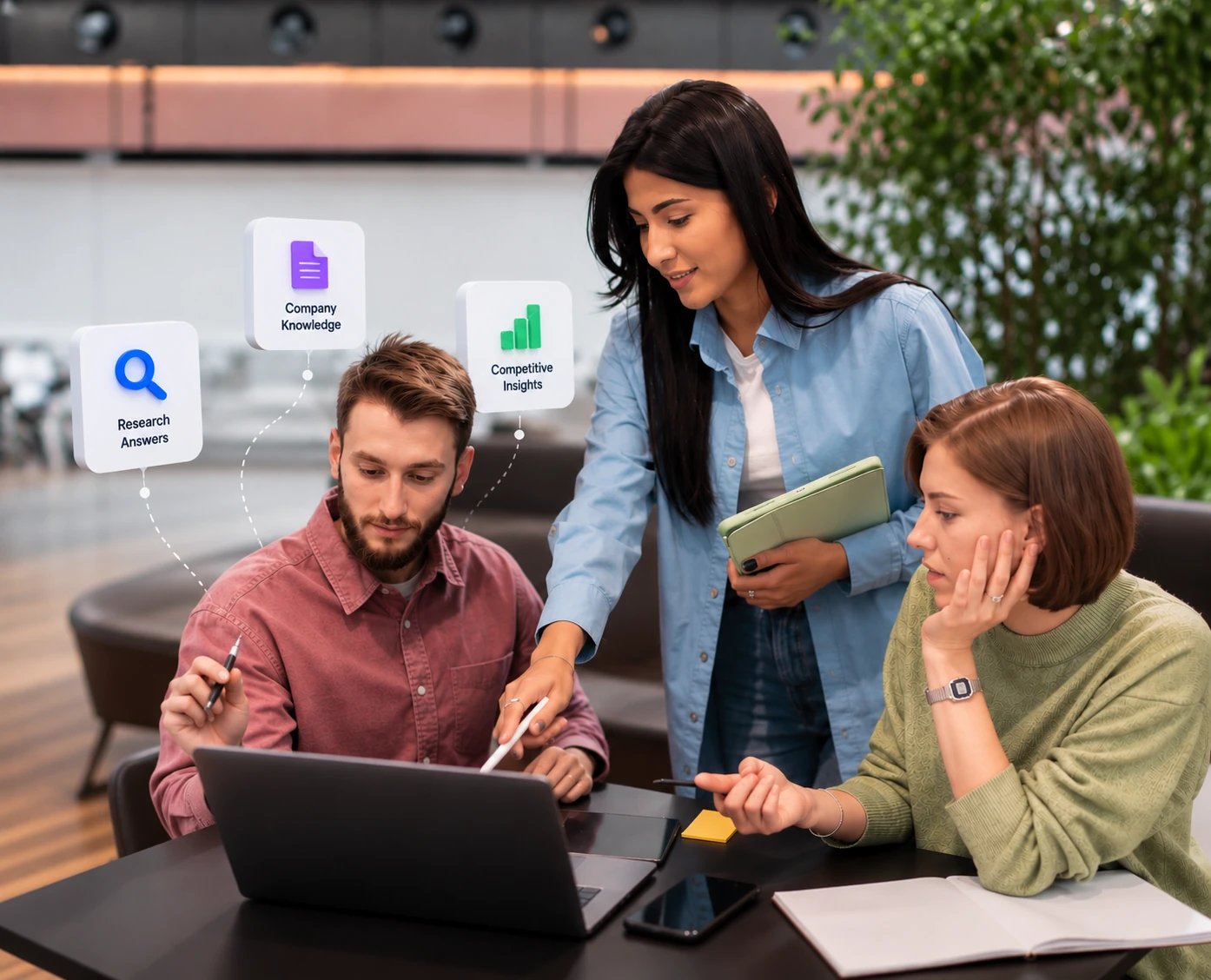 White label AI research and knowledge solutions for business insights and competitive analysis. Three colleagues reviewing work together with AI research answers, company knowledge and competitive insights icons