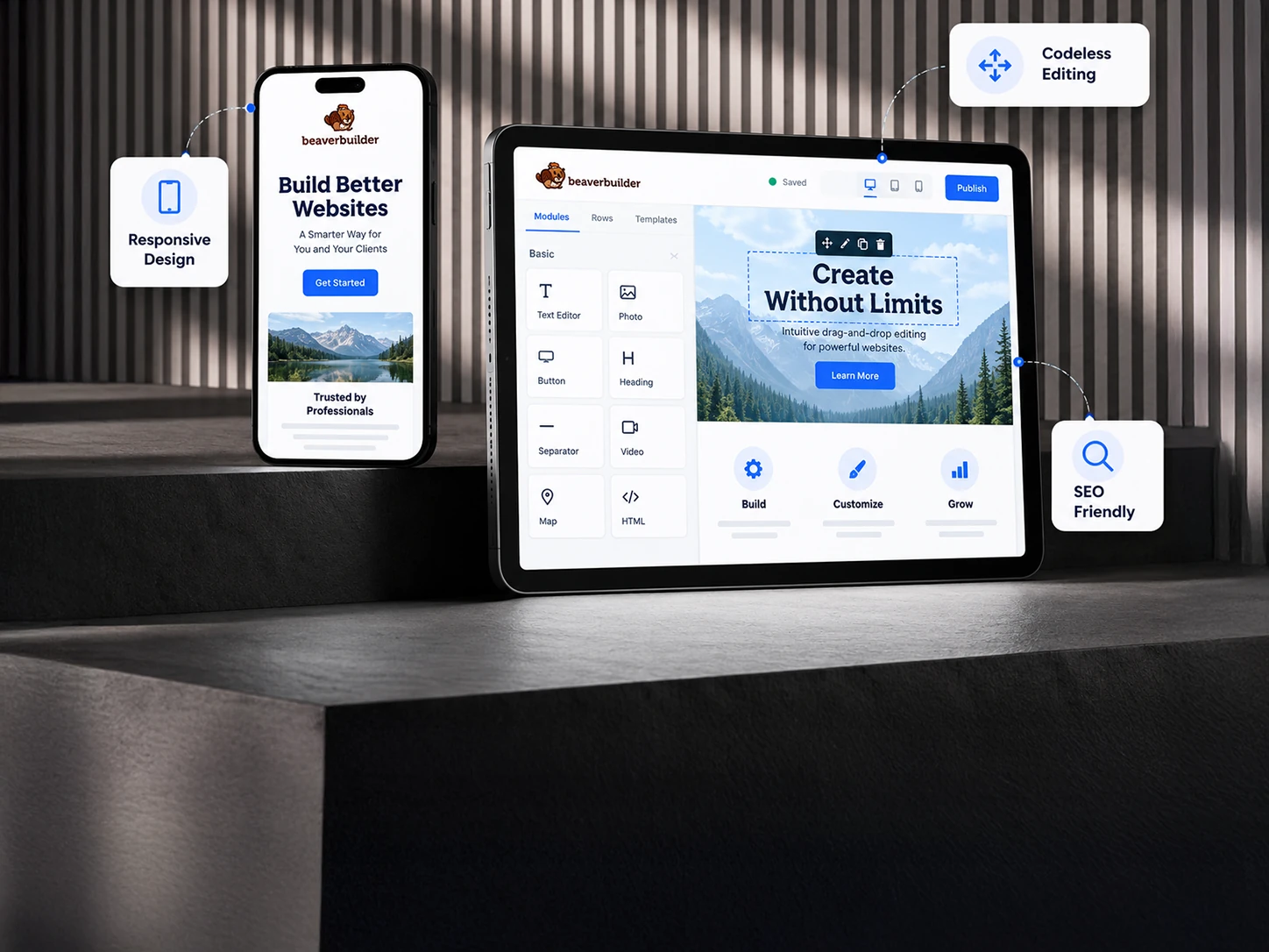 Client-ready white label Beaver Builder website with responsive design, easy editing, and SEO-friendly features Tablet and phone showing a responsive Beaver Builder website with codeless editing and SEO-friendly design for clients