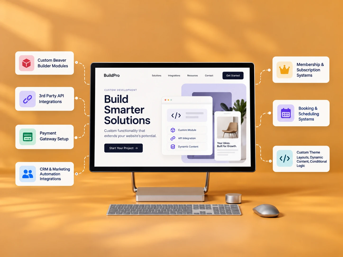 Monitor showing a website with custom Beaver Builder modules, API integrations, payment gateway, booking and membership systems