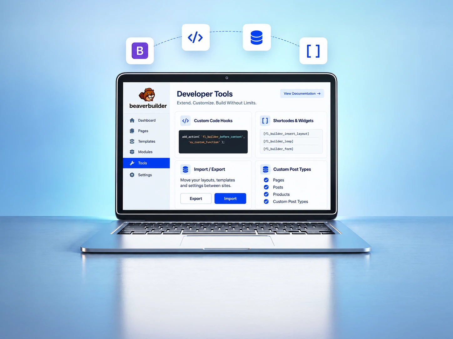 Beaver Builder developer tools for custom code, modules, templates, and WordPress development. Laptop showing Beaver Builder developer tools with custom code hooks, shortcodes, custom post types and import/export settings