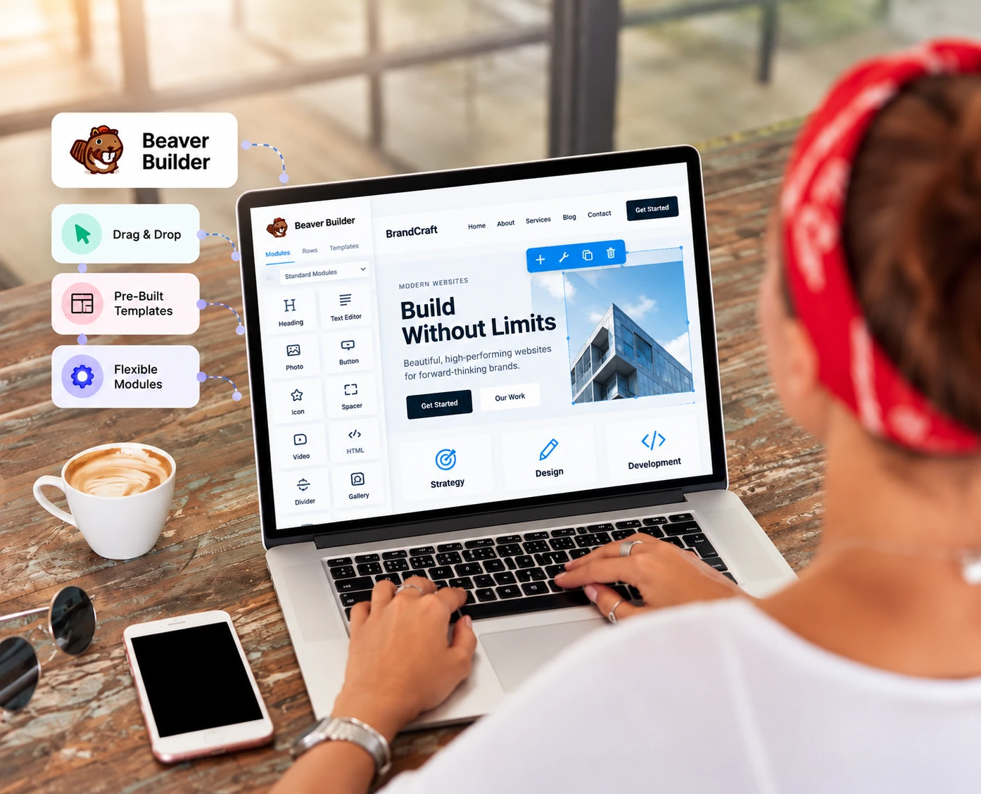 Woman building a website on a laptop in Beaver Builder with drag-and-drop, pre-built templates and flexible modules for white label Beaver Builder development