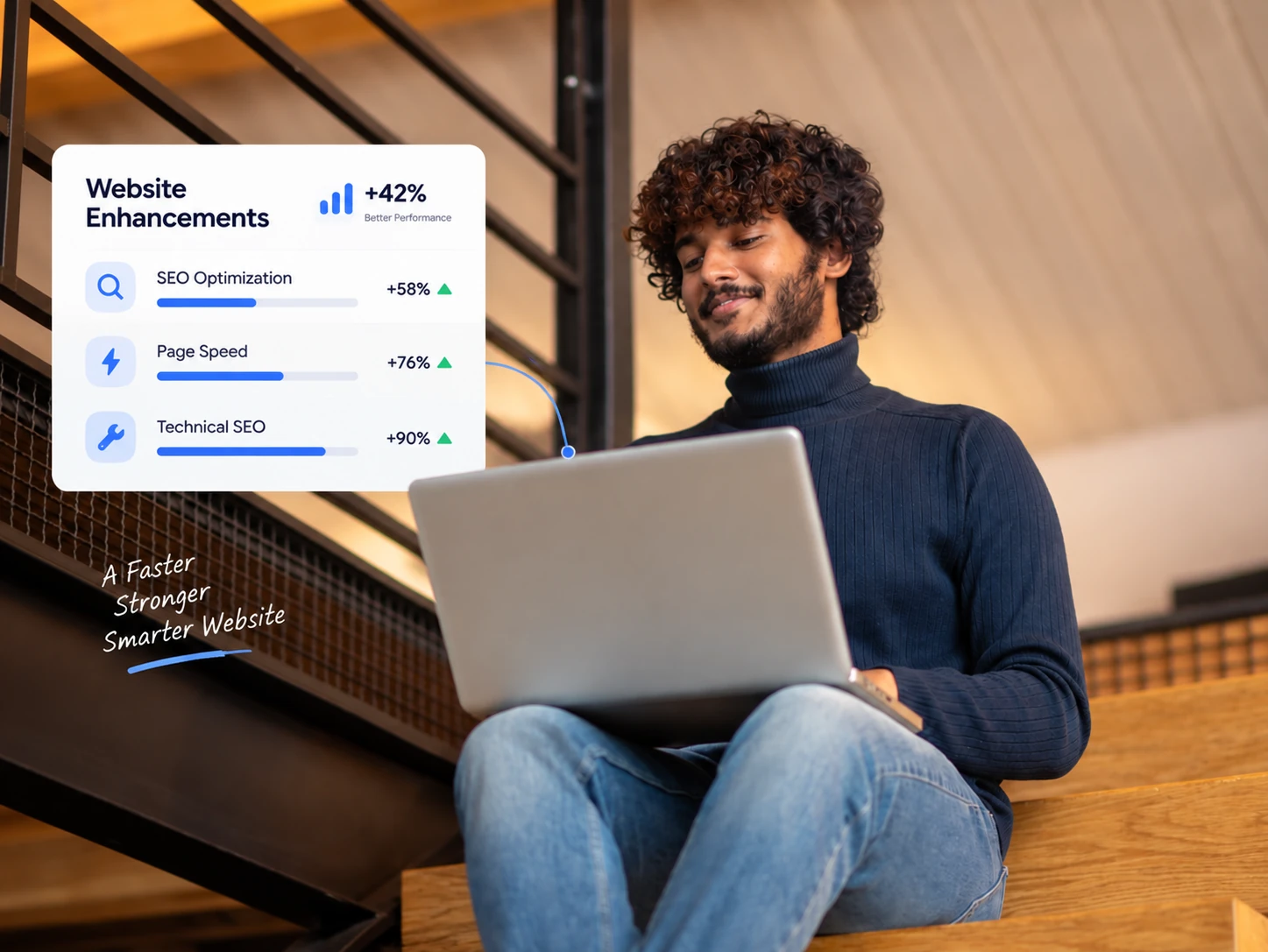 Smiling man on a laptop beside a website enhancements card showing SEO optimization, page speed and technical SEO improvements