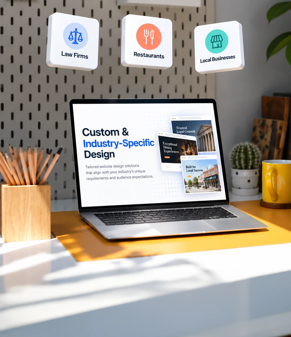 White label custom web design tailored to industry-specific business and audience requirements. Laptop showing custom website designs for law firms, restaurants and local businesses