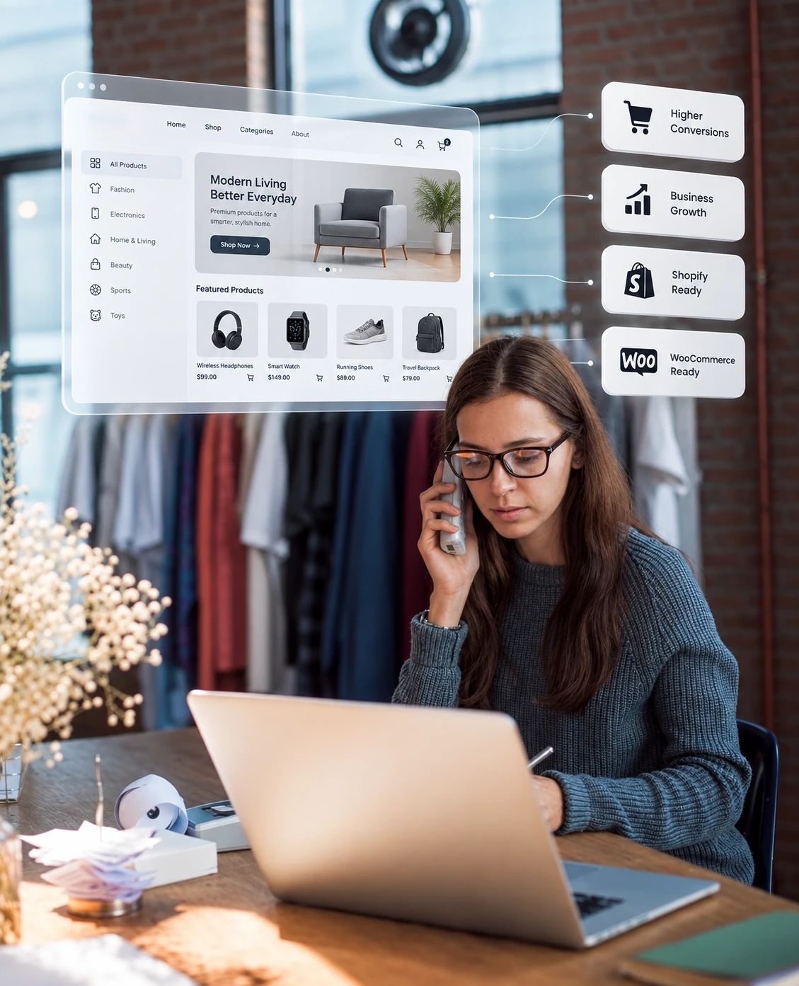 White label eCommerce website design with online store products and conversion-focused features and woman at a laptop with an online store product page design marked Shopify and WooCommerce ready