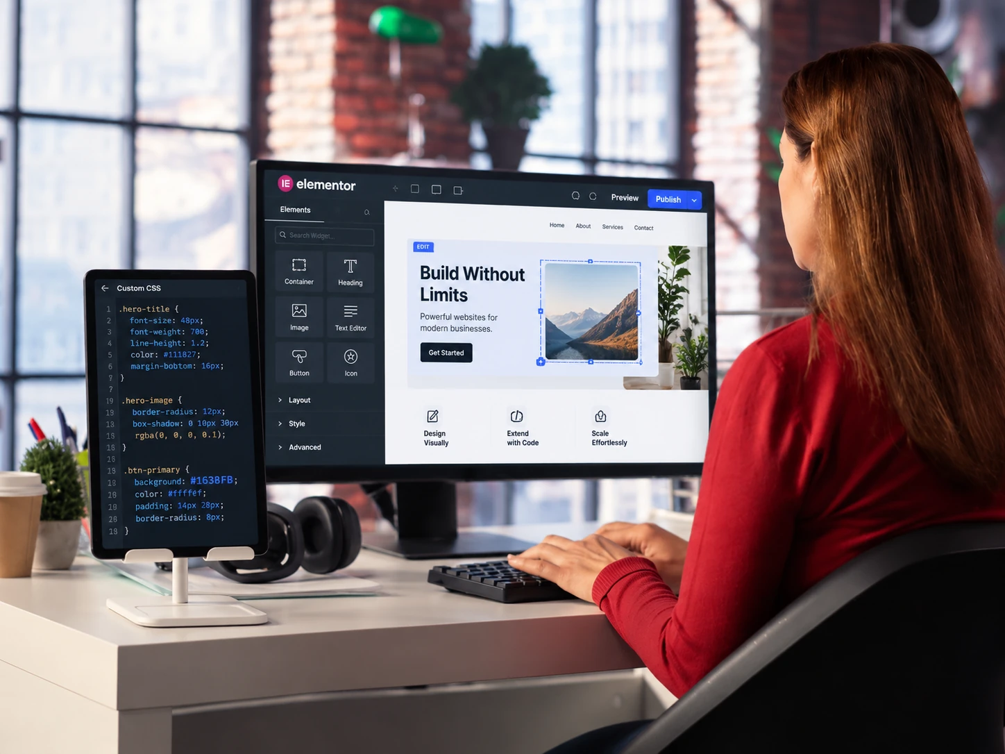 Developer at a monitor with the Elementor editor and a custom CSS panel for flexible, code-level Elementor development