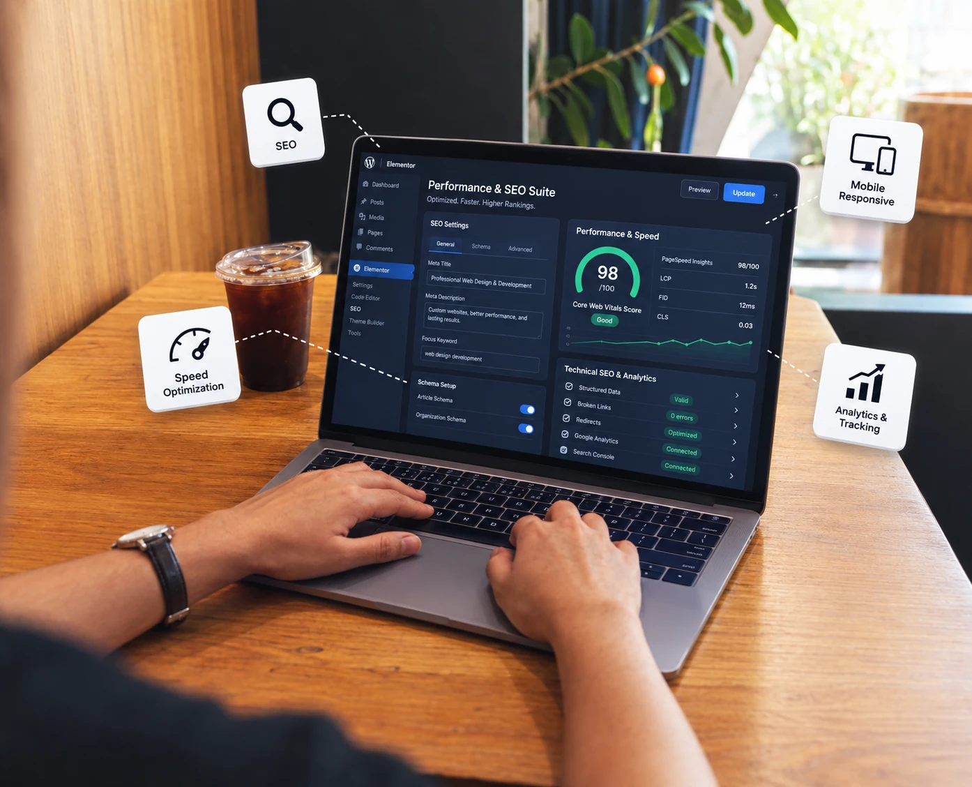 Elementor performance and SEO dashboard with Core Web Vitals score, schema and technical SEO settings with speed optimization, mobile responsiveness, and analytics