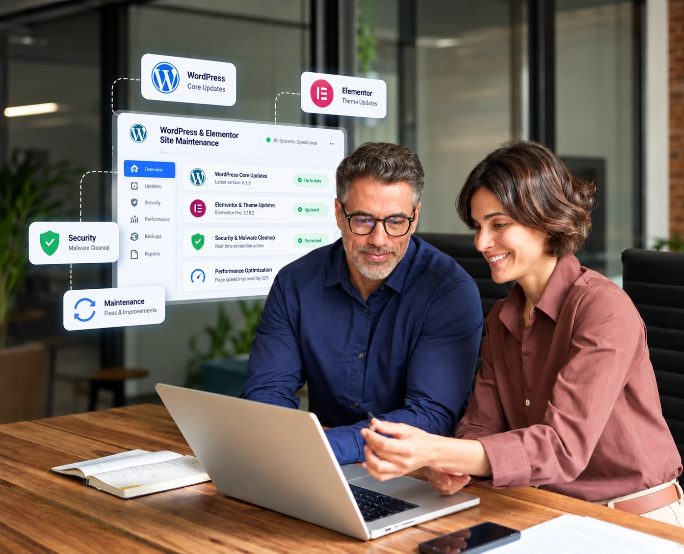 Elementor website support and maintenance with WordPress updates, security, performance optimization, and backups. Two professionals reviewing a WordPress and Elementor maintenance dashboard with core updates, security and malware cleanup