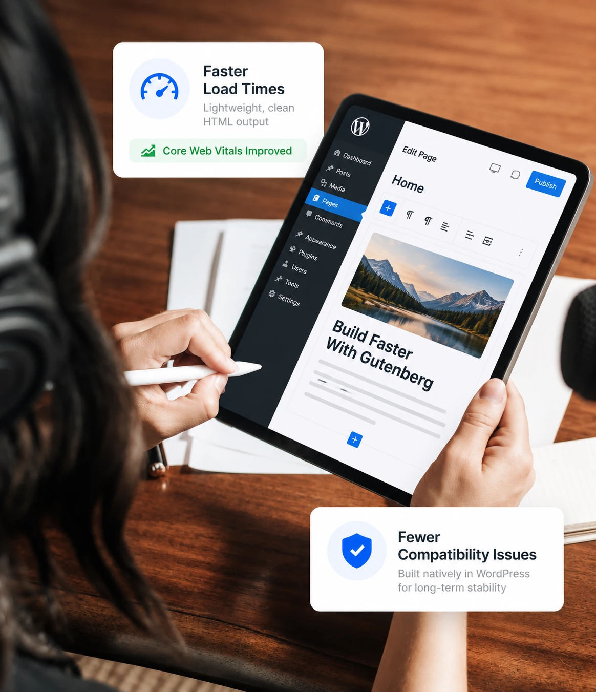 Gutenberg development focused on clean code, native WordPress blocks, and improved Core Web Vitals. Hand using a stylus on a tablet with the Gutenberg editor showing lightweight HTML output and faster load times