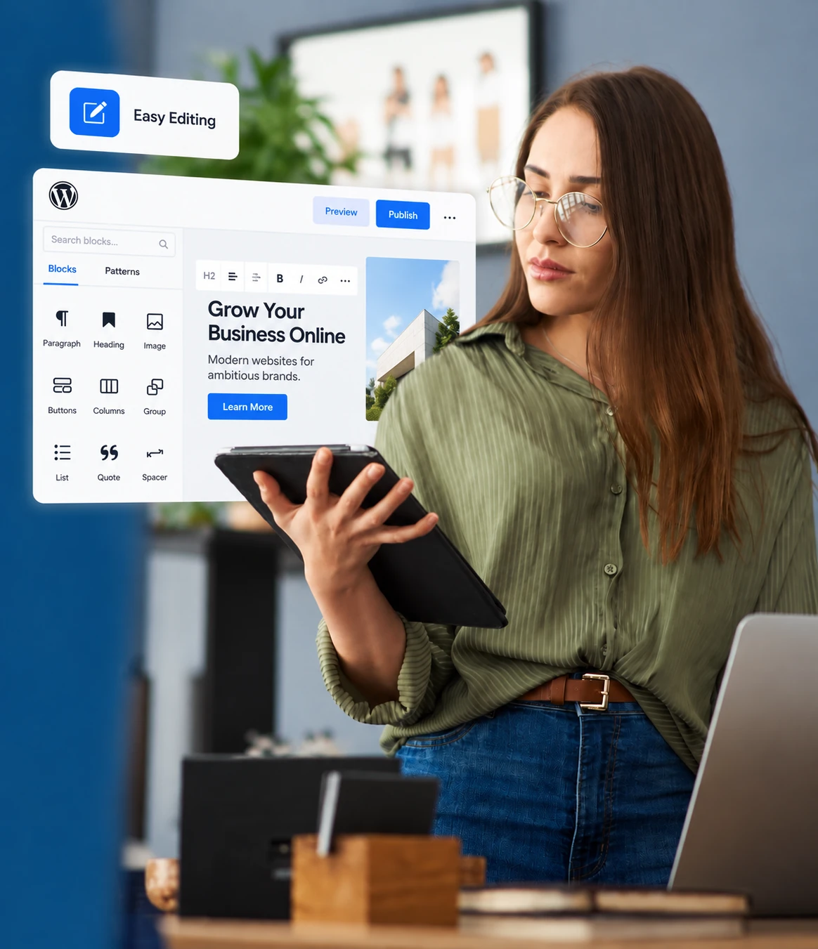 Client-ready Gutenberg website with an easy-to-manage WordPress block editing experience. Woman holding a tablet beside a Gutenberg editor panel showing easy content editing for business websites