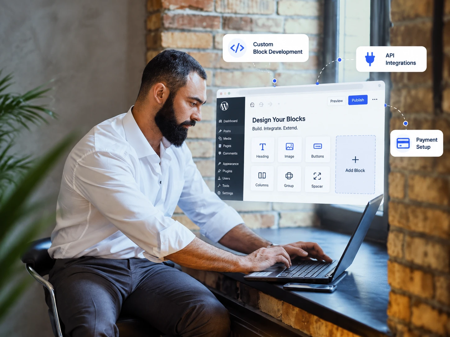 Custom Gutenberg development with custom blocks, API integrations, and payment functionality. Developer building custom Gutenberg blocks with API integrations and payment setup in the WordPress editor