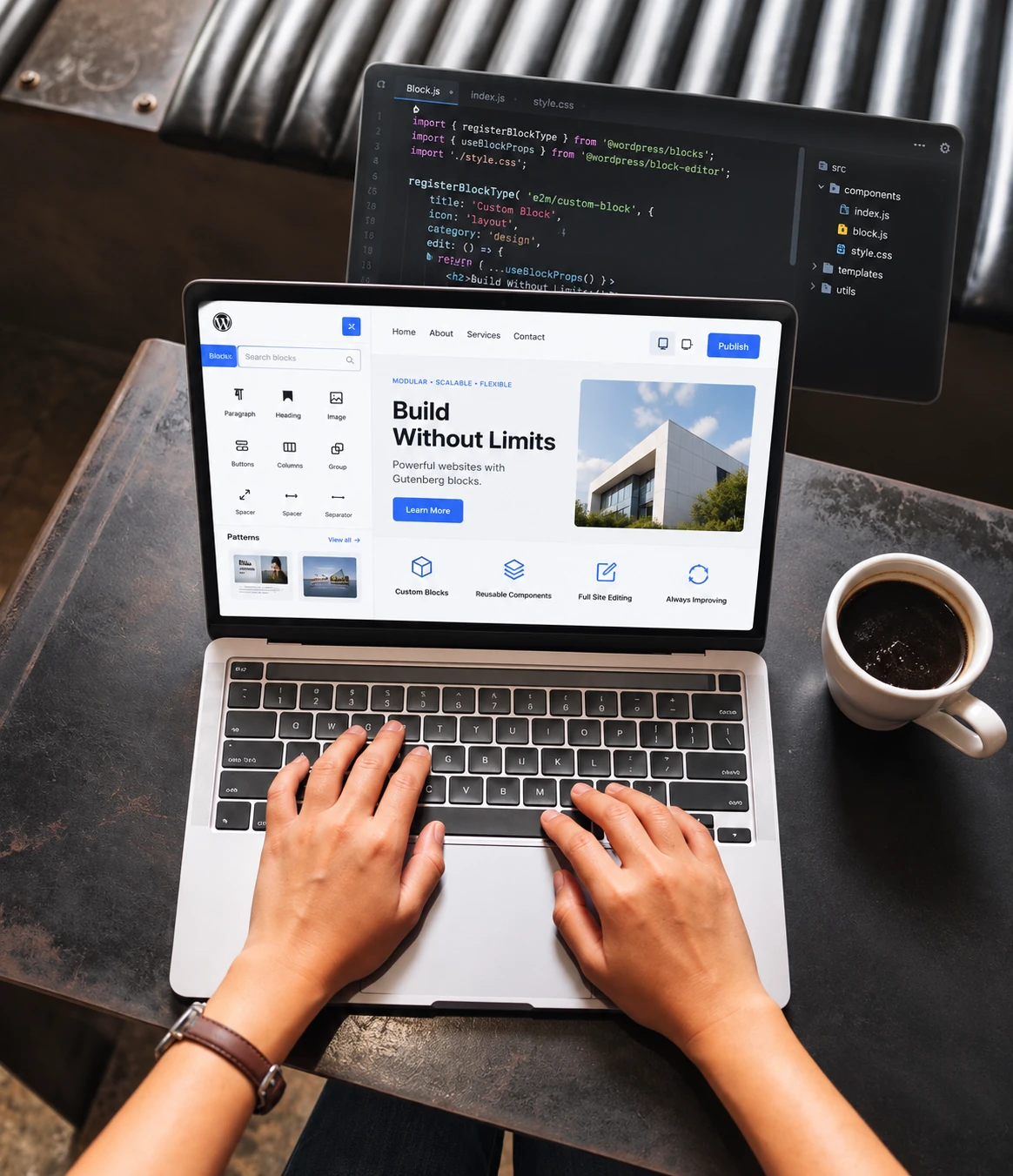 Gutenberg development with custom blocks, dynamic content, and scalable WordPress architecture. Laptop with the Gutenberg block editor and custom block JavaScript code for scalable, developer-friendly WordPress builds
