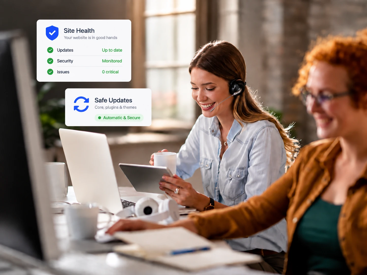 Gutenberg website support and maintenance with WordPress updates, security monitoring, and ongoing maintenance. Support specialist with a headset beside site health and safe update cards for WordPress core, plugins and themes