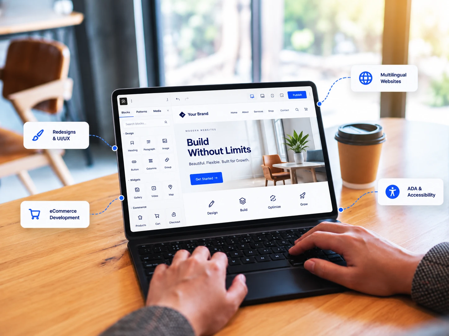 White label Gutenberg website development and design with multilingual, eCommerce, and accessibility features. Laptop showing the WordPress Gutenberg block editor with redesign, eCommerce, multilingual and ADA accessibility icons for white label Gutenberg development