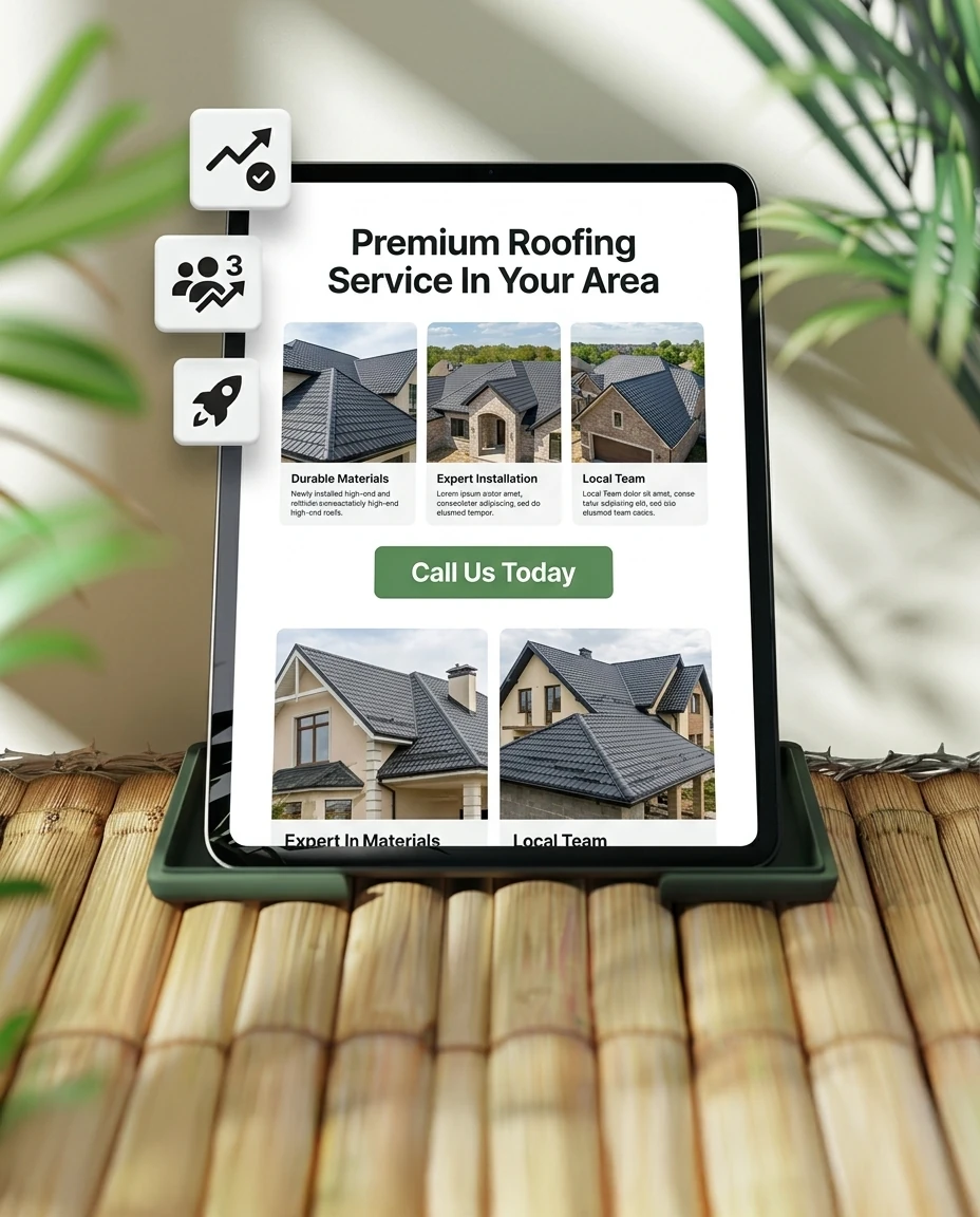 White label landing page design for a roofing business with service information and a call-to-action. Tablet displaying a roofing service landing page design with a Call Us Today button