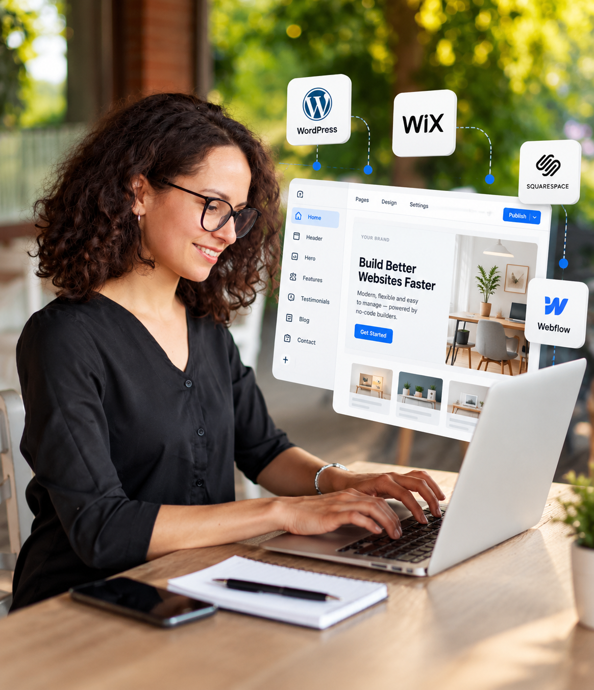 White label no-code website development across leading website builder platforms. Smiling woman on a laptop building a website without code using WordPress, Wix, Squarespace and Webflow for white label no-code development