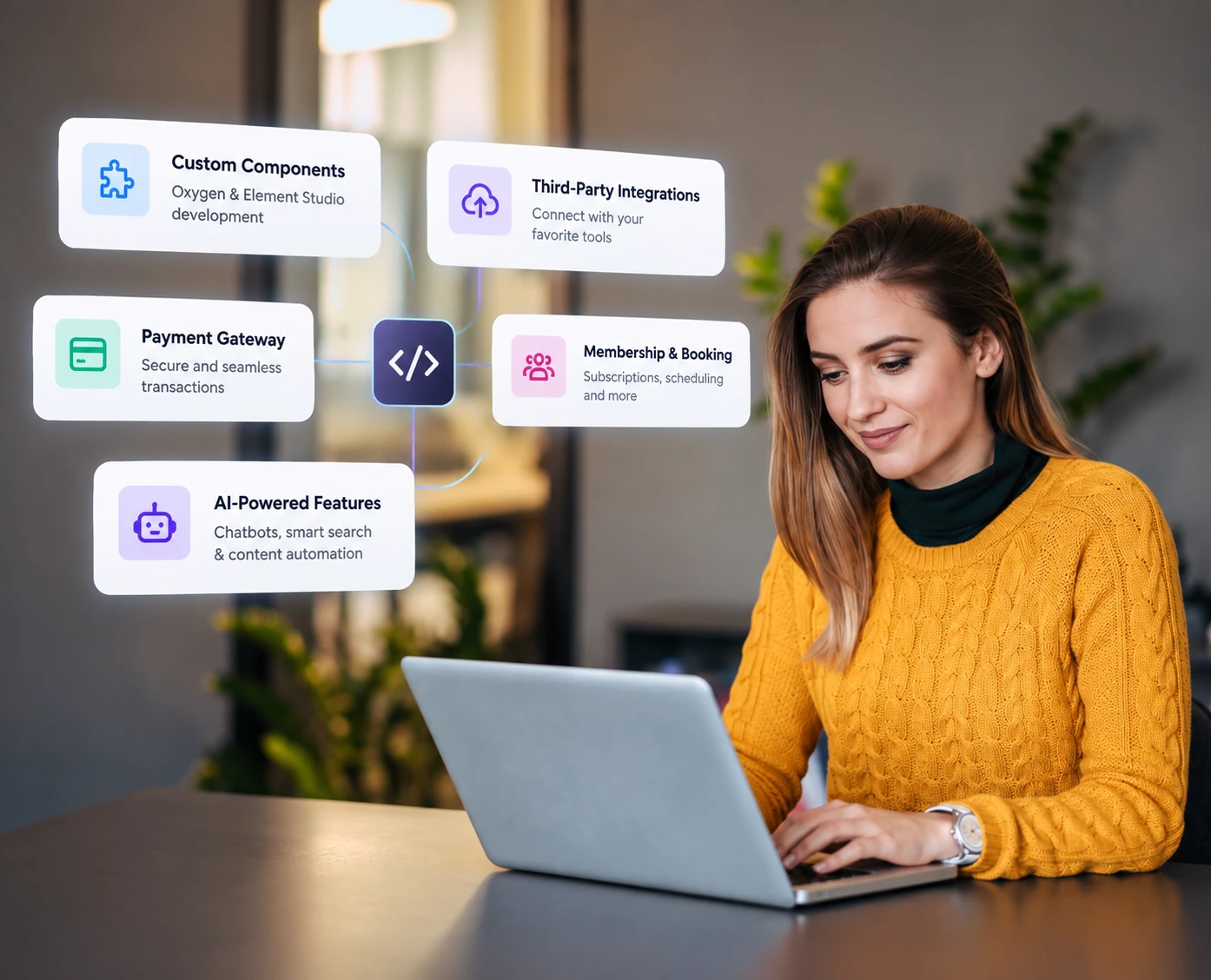 Woman at a laptop with custom components, payment gateway, membership, third-party integrations and AI features for Oxygen Builder