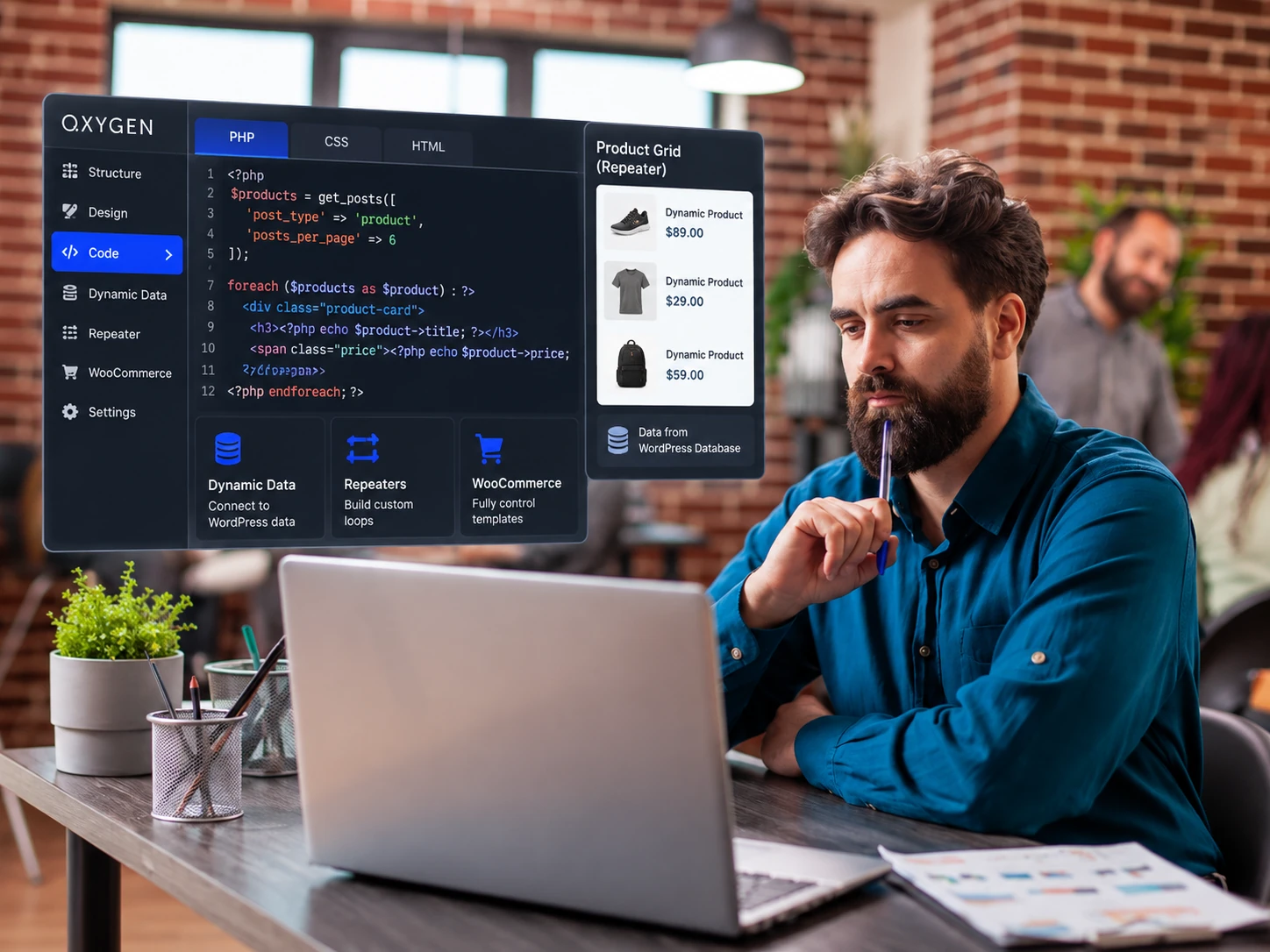 Developer reviewing PHP code, dynamic data, repeaters and WooCommerce templates in the Oxygen Builder editor