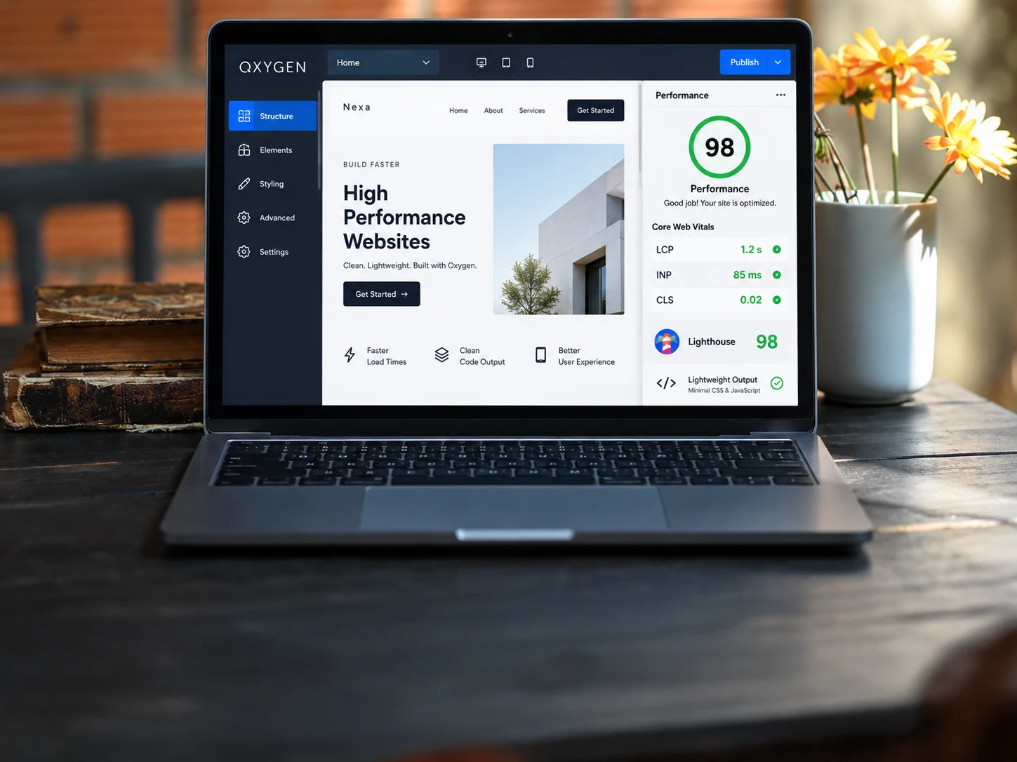 Oxygen Builder performance-first architecture focused on page speed, Core Web Vitals, and optimized code