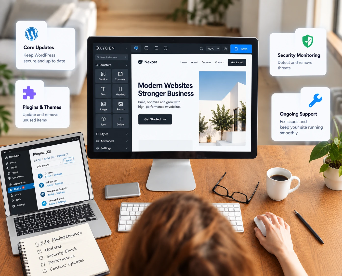 Oxygen Builder website on a monitor with WordPress core updates, plugin management, security monitoring and ongoing support