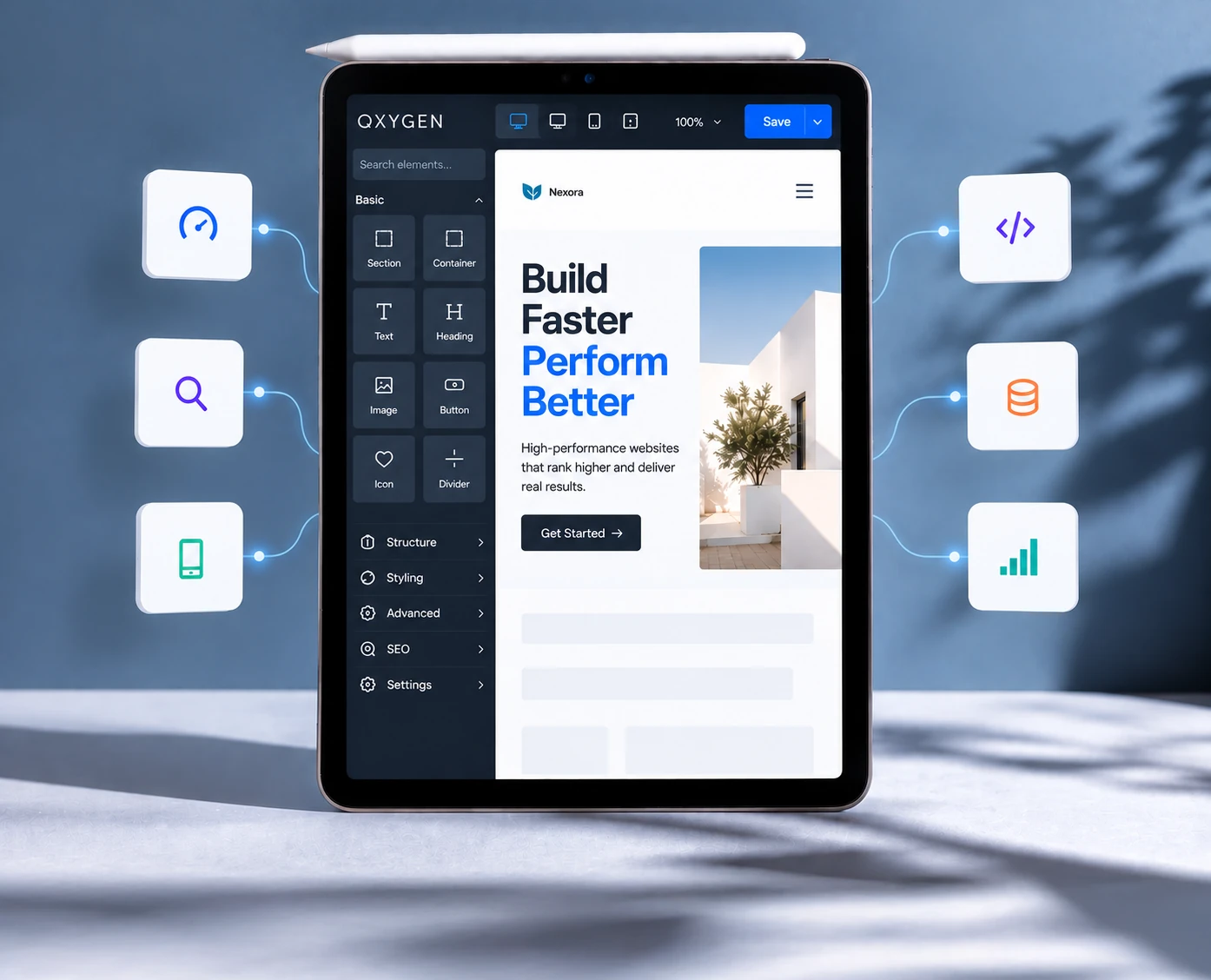 Tablet showing a fast Oxygen Builder website with speed, SEO, mobile, code, database and analytics optimization icons