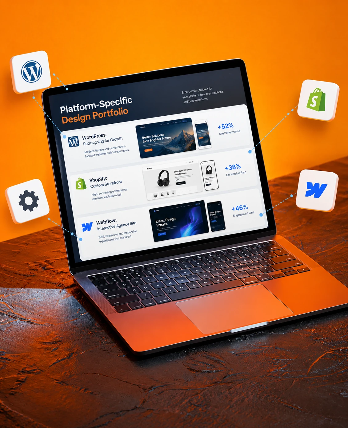 White label platform-specific web design for WordPress, Shopify, and Webflow websites. Laptop showing a website design portfolio for WordPress, Shopify and Webflow platforms