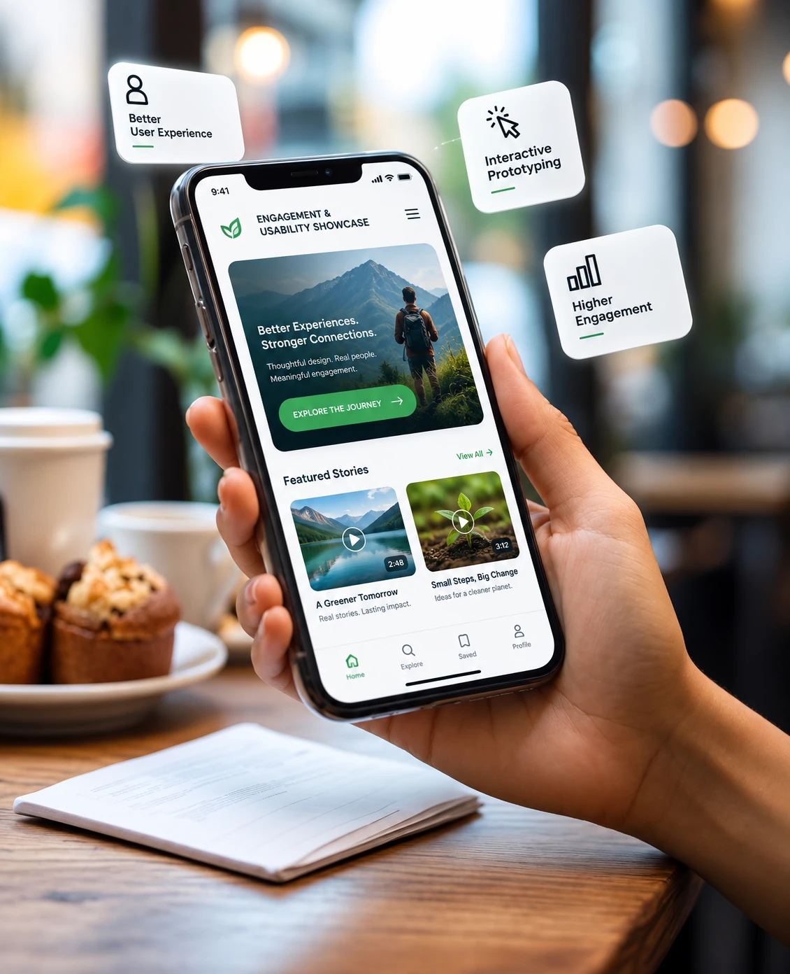 White label UI/UX design showing a hand holding a smartphone with a mobile app interface showing user experience and interactive prototyping design with UI/UX web design