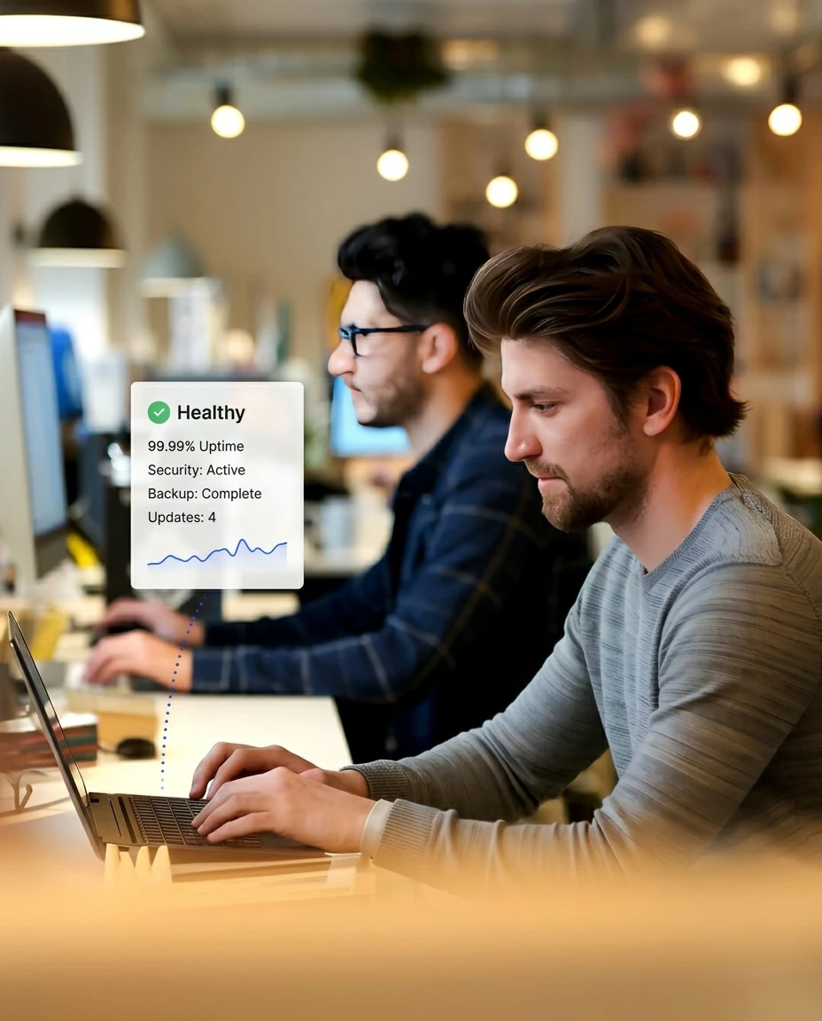 Two developers monitoring website health with uptime, security, backup and update status for white label IT hosting & server support